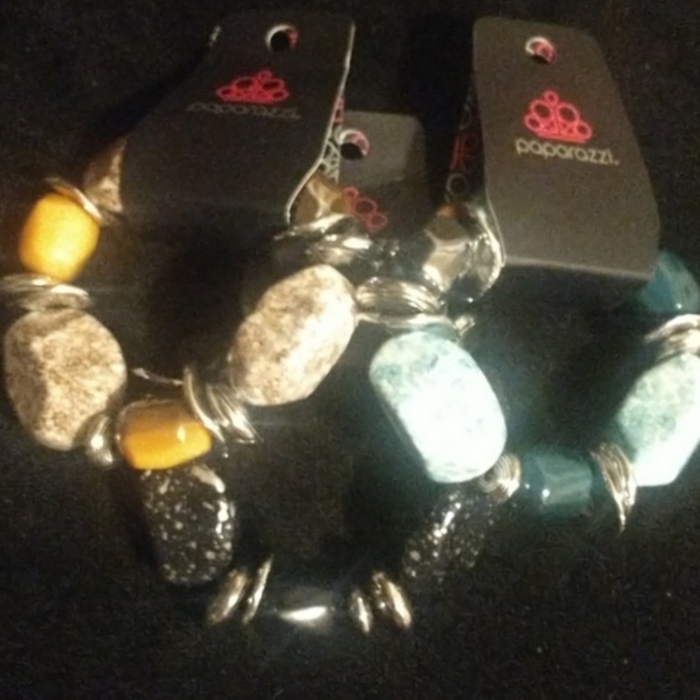 3X! PAPARAZZI Large black, blue & peach silver beaded slip on stretch bracelets - Picture 3 of 13
